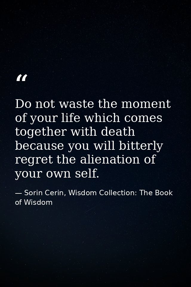 Do not waste the moment of your life which comes together with death because you will bitterly regret the alienation of  — Sorin Cerin, Wisdom Collection: The Book of Wisdom