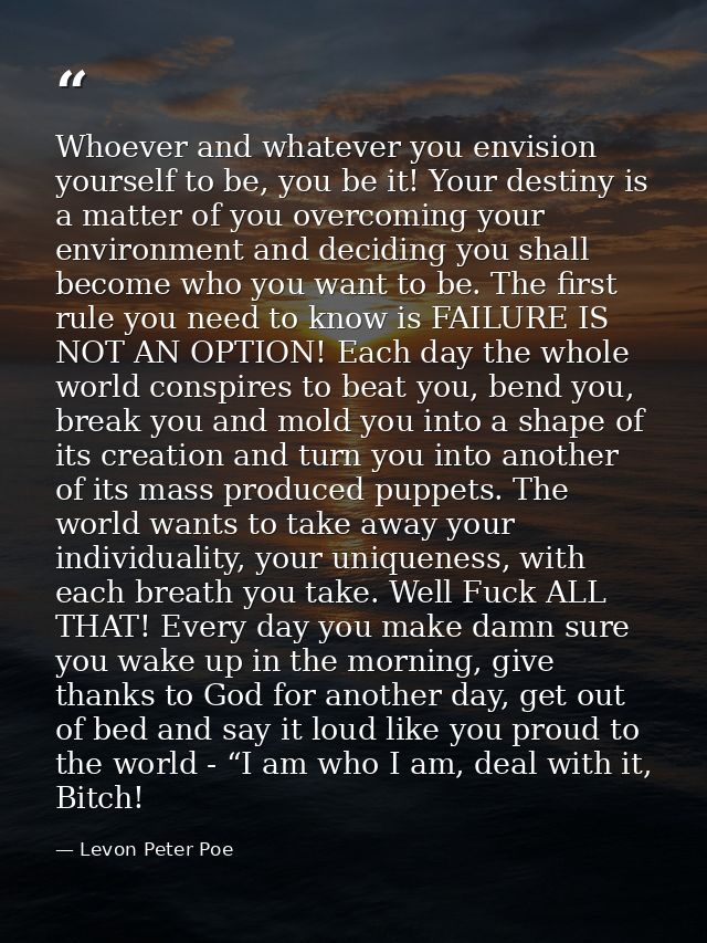 Whoever and whatever you envision yourself to be, you be it! Your destiny is a matter of you overcoming your environment — Levon Peter Poe