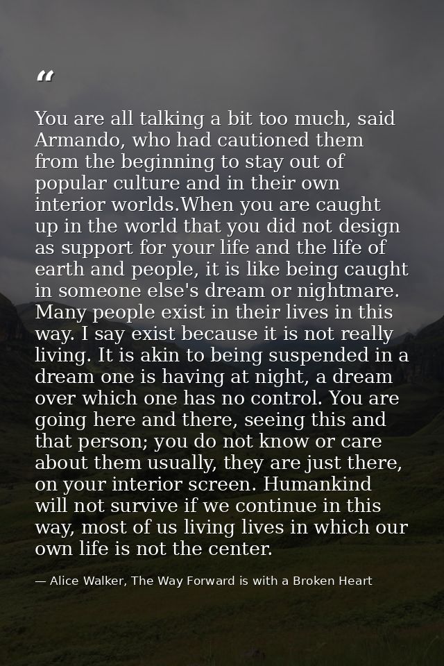You are all talking a bit too much, said Armando, who had cautioned them from the beginning to stay out of popular cultu — Alice Walker, The Way Forward is with a Broken Heart