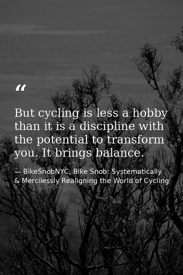 But cycling is less a hobby than it is a discipline with the potential to transform you. It brings balance. — BikeSnobNYC, Bike Snob: Systematically & Mercilessly Realigning the World of Cycling