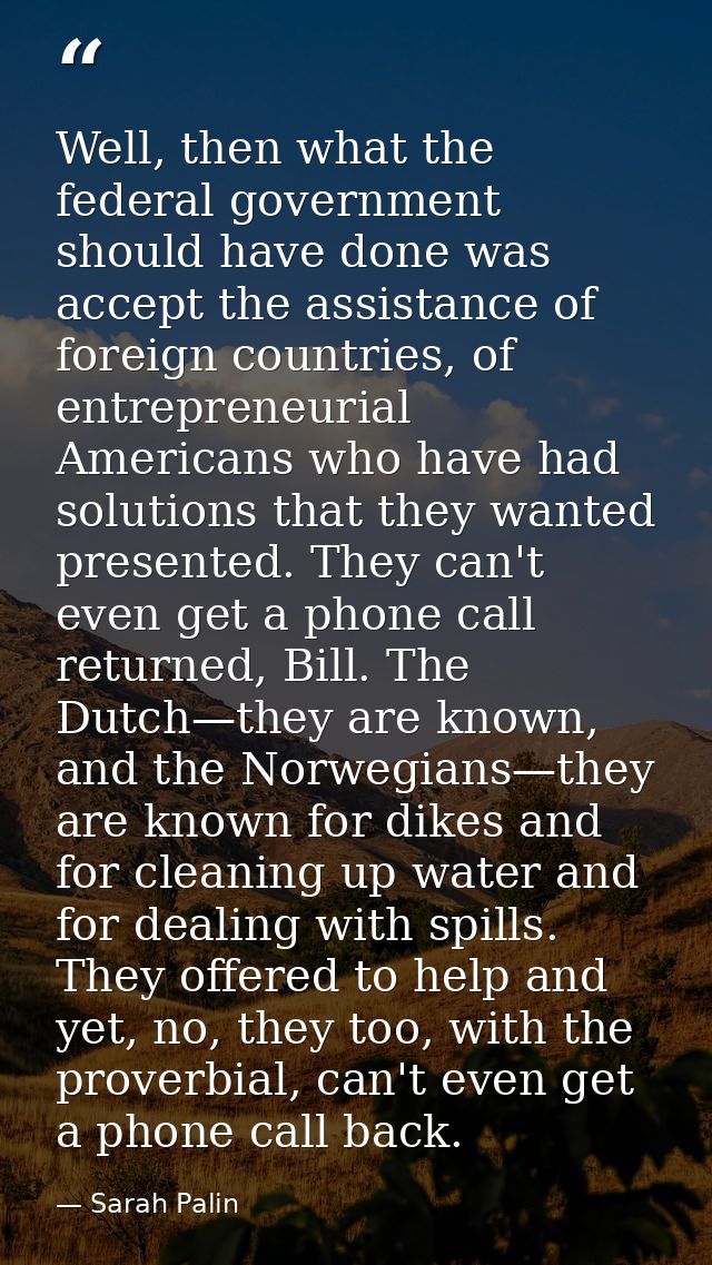 Well, then what the federal government should have done was accept the assistance of foreign countries, of entrepreneuri — Sarah Palin