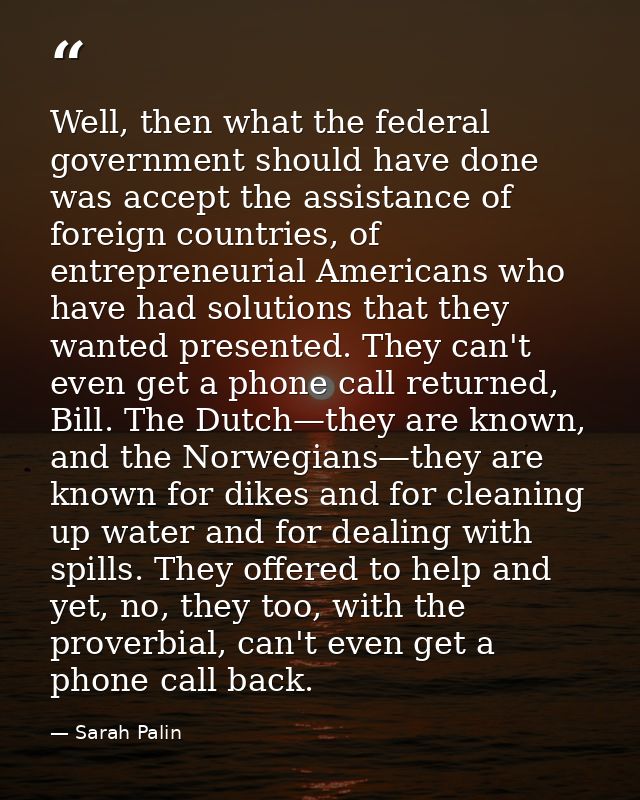 Well, then what the federal government should have done was accept the assistance of foreign countries, of entrepreneuri — Sarah Palin