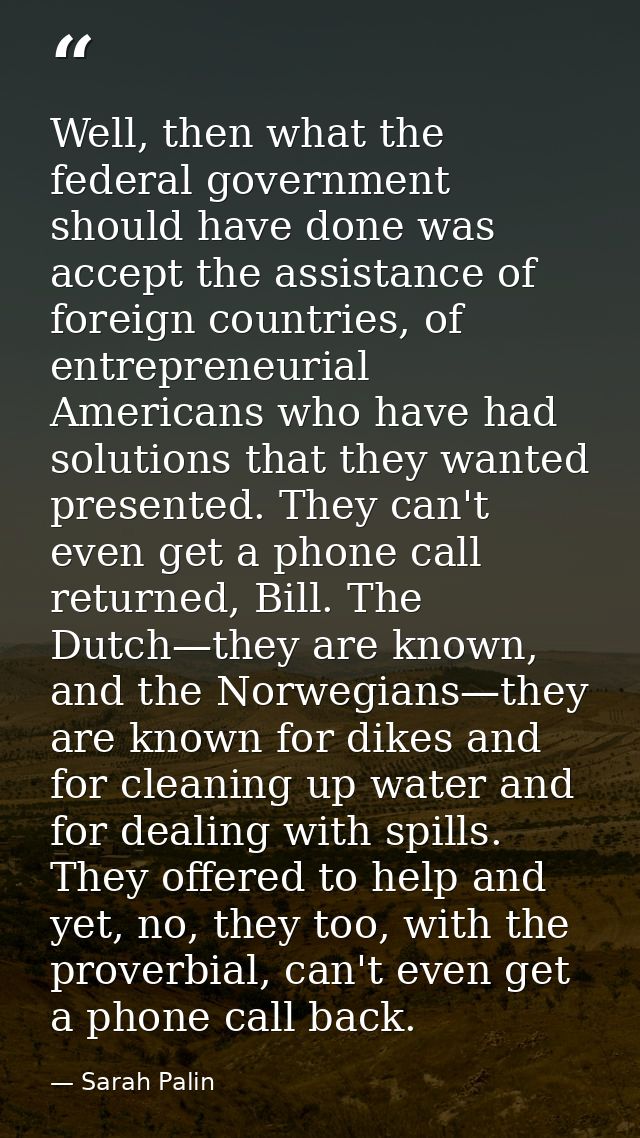 Well, then what the federal government should have done was accept the assistance of foreign countries, of entrepreneuri — Sarah Palin
