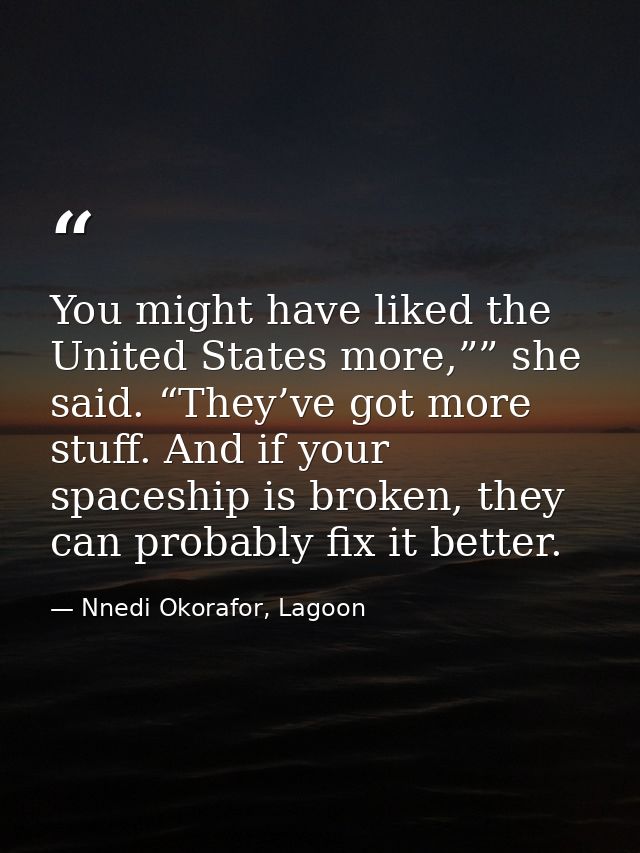 You might have liked the United States more,”” she said. “They’ve got more stuff. And if your spaceship is broken, they  — Nnedi Okorafor, Lagoon