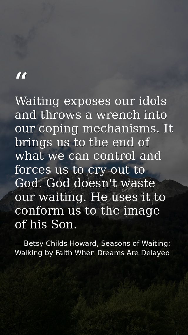 Waiting exposes our idols and throws a wrench into our coping mechanisms. It brings us to the end of what we can control — Betsy Childs Howard, Seasons of Waiting: Walking by Faith When Dreams Are Delayed