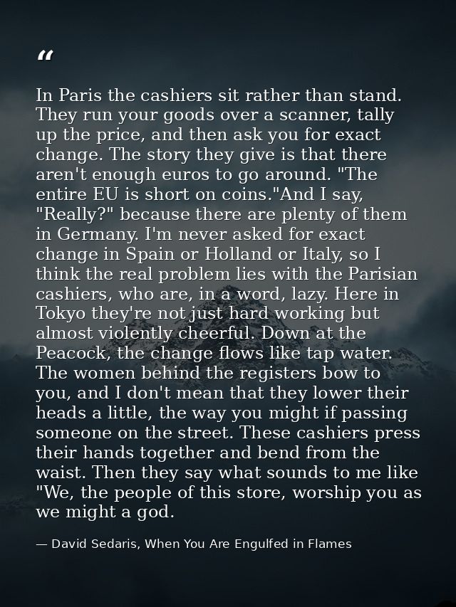 In Paris the cashiers sit rather than stand. They run your goods over a scanner, tally up the price, and then ask you fo — David Sedaris, When You Are Engulfed in Flames