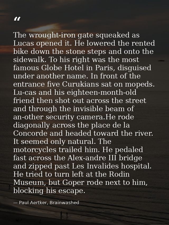 The wrought-iron gate squeaked as Lucas opened it. He lowered the rented bike down the stone steps and onto the sidewalk — Paul Aertker, Brainwashed