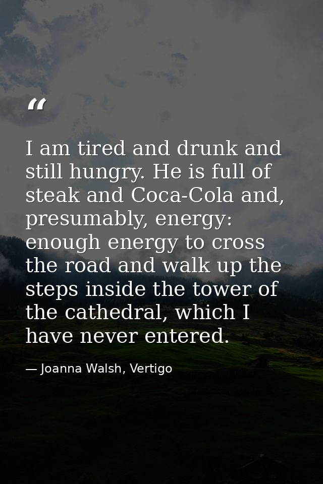 I am tired and drunk and still hungry. He is full of steak and Coca-Cola and, presumably, energy: enough energy to cross — Joanna Walsh, Vertigo