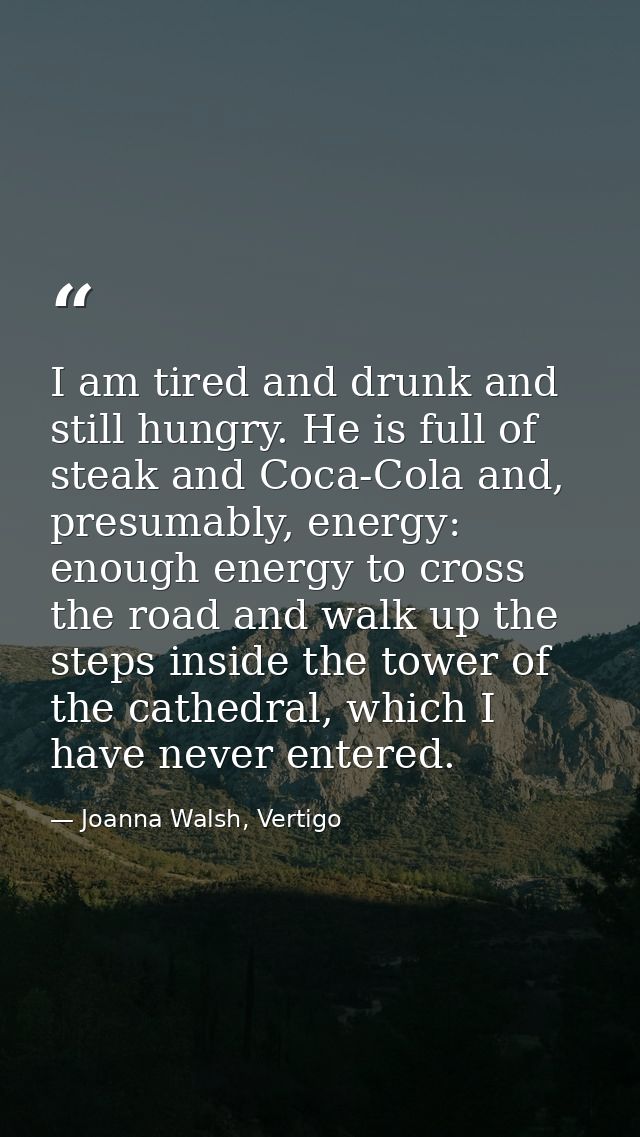 I am tired and drunk and still hungry. He is full of steak and Coca-Cola and, presumably, energy: enough energy to cross — Joanna Walsh, Vertigo