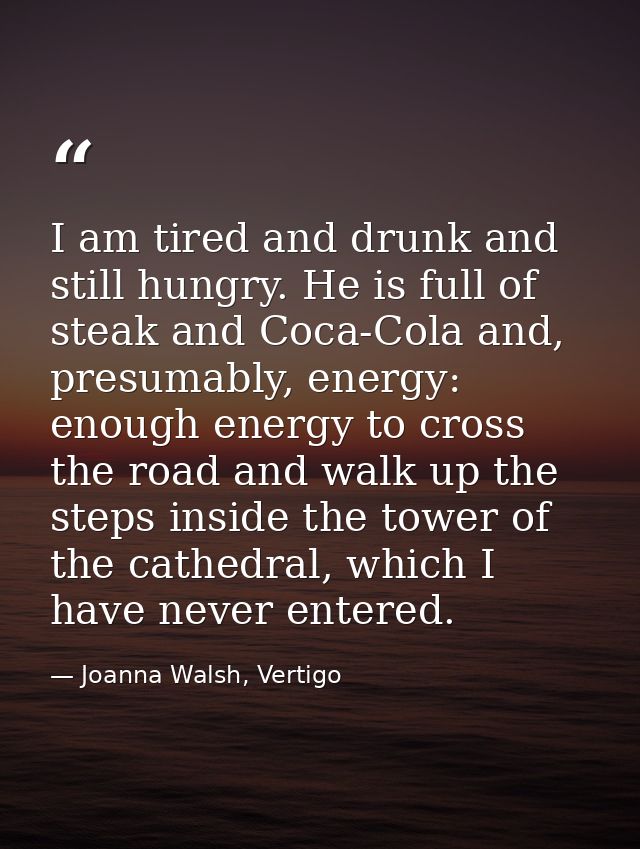 I am tired and drunk and still hungry. He is full of steak and Coca-Cola and, presumably, energy: enough energy to cross — Joanna Walsh, Vertigo