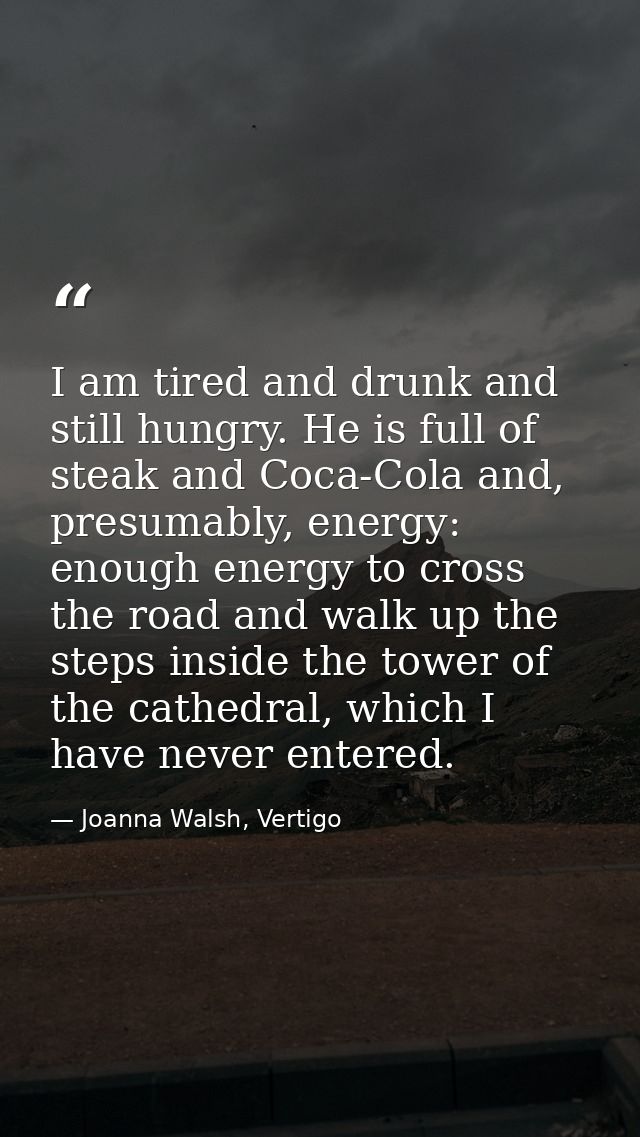 I am tired and drunk and still hungry. He is full of steak and Coca-Cola and, presumably, energy: enough energy to cross — Joanna Walsh, Vertigo