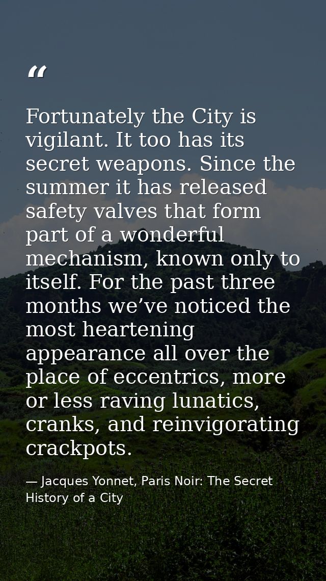Fortunately the City is vigilant. It too has its secret weapons. Since the summer it has released safety valves that for — Jacques Yonnet, Paris Noir: The Secret History of a City