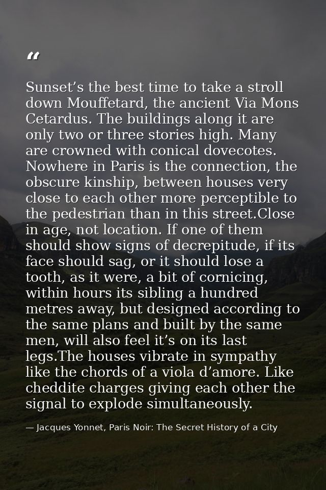 Sunset’s the best time to take a stroll down Mouffetard, the ancient Via Mons Cetardus. The buildings along it are only  — Jacques Yonnet, Paris Noir: The Secret History of a City
