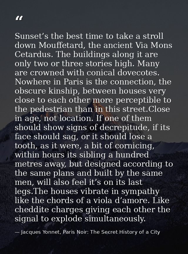 Sunset’s the best time to take a stroll down Mouffetard, the ancient Via Mons Cetardus. The buildings along it are only  — Jacques Yonnet, Paris Noir: The Secret History of a City
