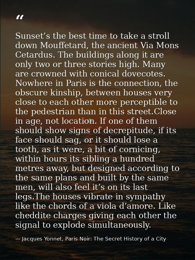 Sunset’s the best time to take a stroll down Mouffetard, the ancient Via Mons Cetardus. The buildings along it are only  — Jacques Yonnet, Paris Noir: The Secret History of a City