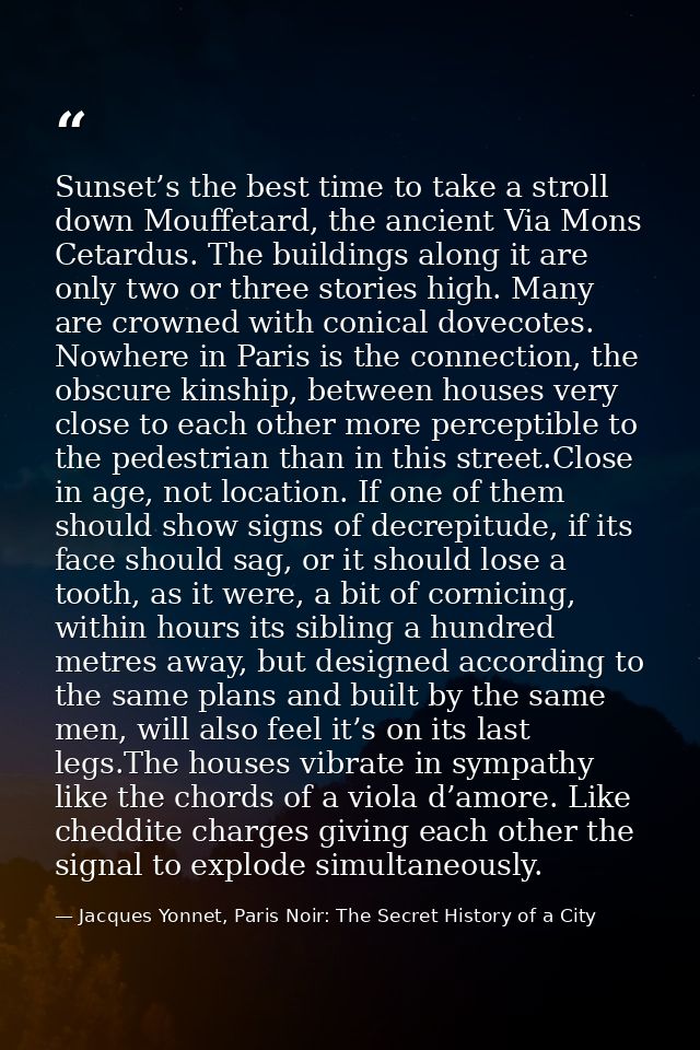 Sunset’s the best time to take a stroll down Mouffetard, the ancient Via Mons Cetardus. The buildings along it are only  — Jacques Yonnet, Paris Noir: The Secret History of a City
