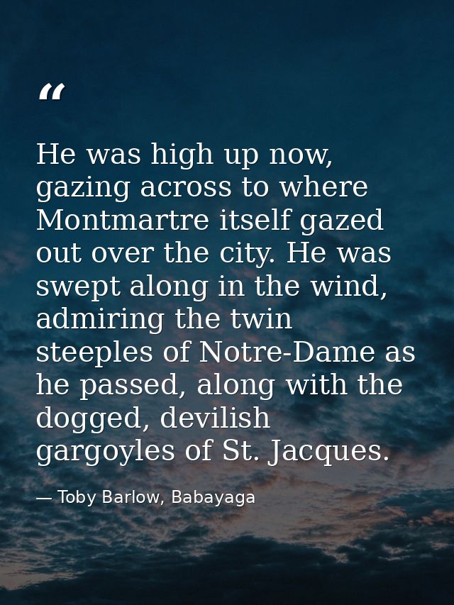 He was high up now, gazing across to where Montmartre itself gazed out over the city. He was swept along in the wind, ad — Toby Barlow, Babayaga