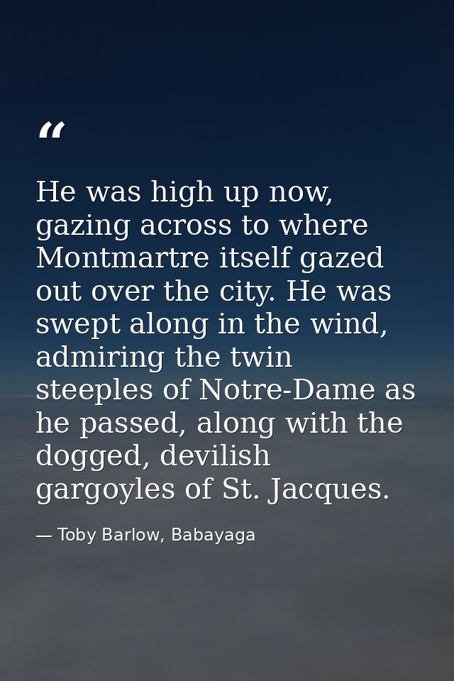 He was high up now, gazing across to where Montmartre itself gazed out over the city. He was swept along in the wind, ad — Toby Barlow, Babayaga