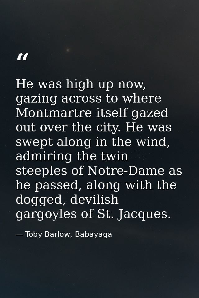 He was high up now, gazing across to where Montmartre itself gazed out over the city. He was swept along in the wind, ad — Toby Barlow, Babayaga