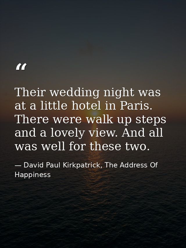 Their wedding night was at a little hotel in Paris. There were walk up steps and a lovely view. And all was well for the — David Paul Kirkpatrick, The Address Of Happiness