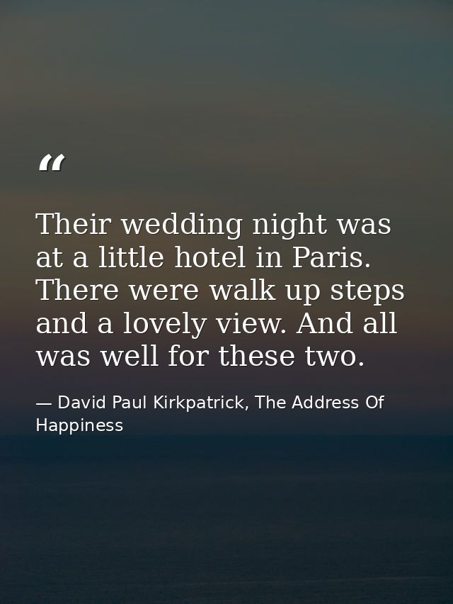 Their wedding night was at a little hotel in Paris. There were walk up steps and a lovely view. And all was well for the — David Paul Kirkpatrick, The Address Of Happiness