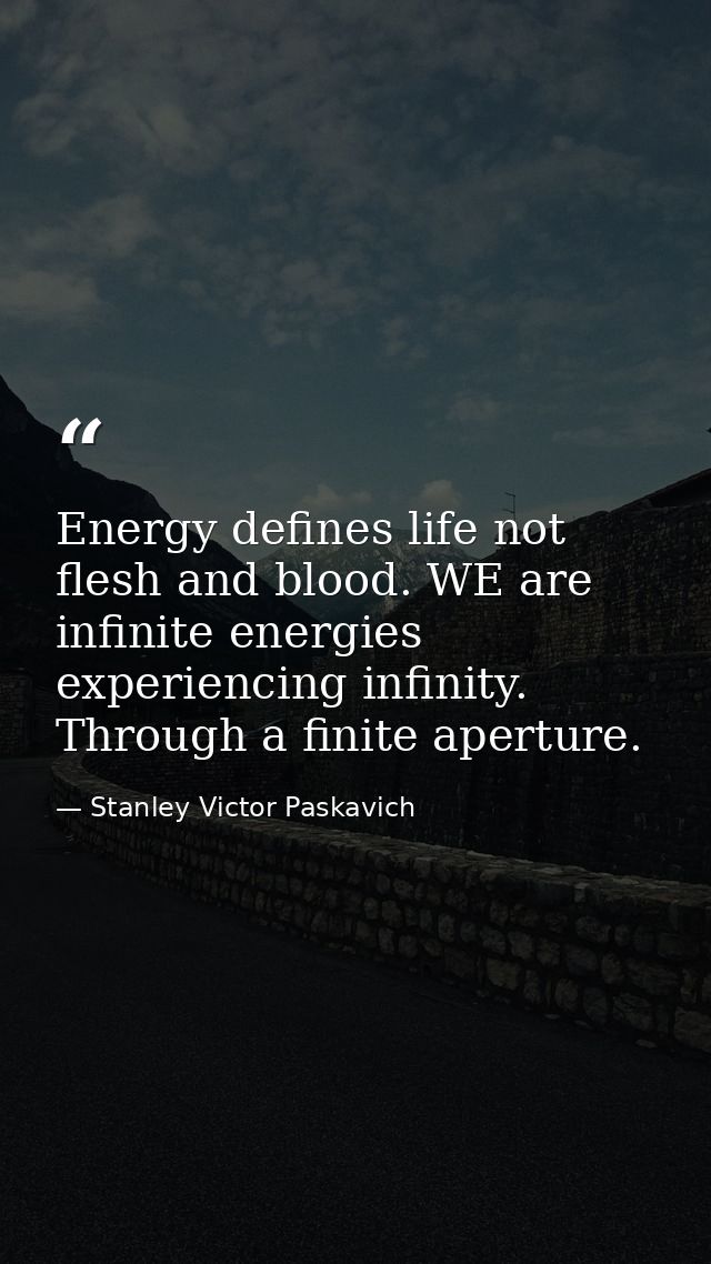 Energy defines life not flesh and blood. WE are infinite energies experiencing infinity. Through a finite aperture. — Stanley Victor Paskavich