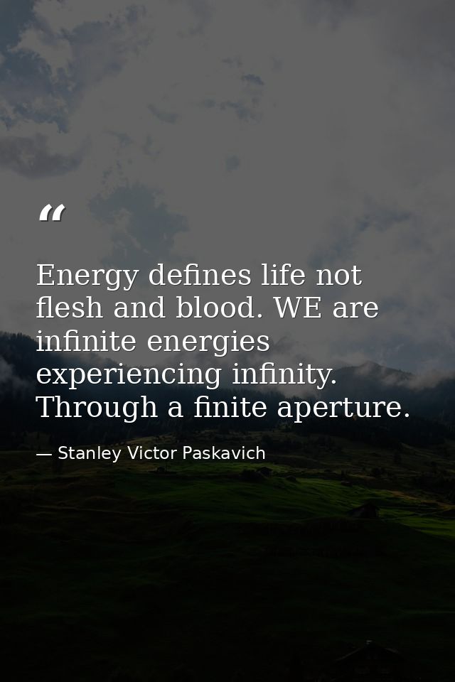 Energy defines life not flesh and blood. WE are infinite energies experiencing infinity. Through a finite aperture. — Stanley Victor Paskavich