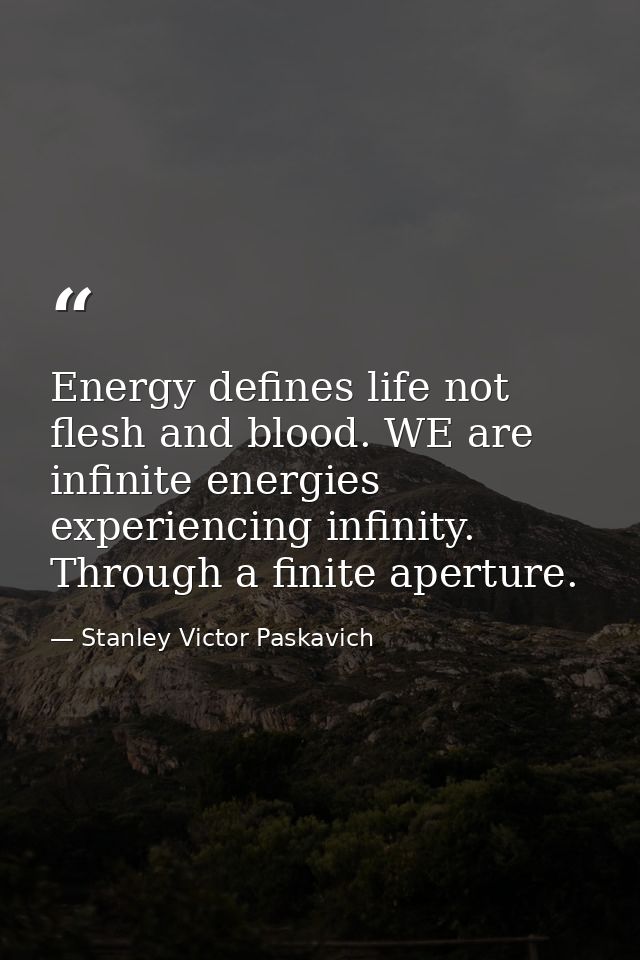 Energy defines life not flesh and blood. WE are infinite energies experiencing infinity. Through a finite aperture. — Stanley Victor Paskavich