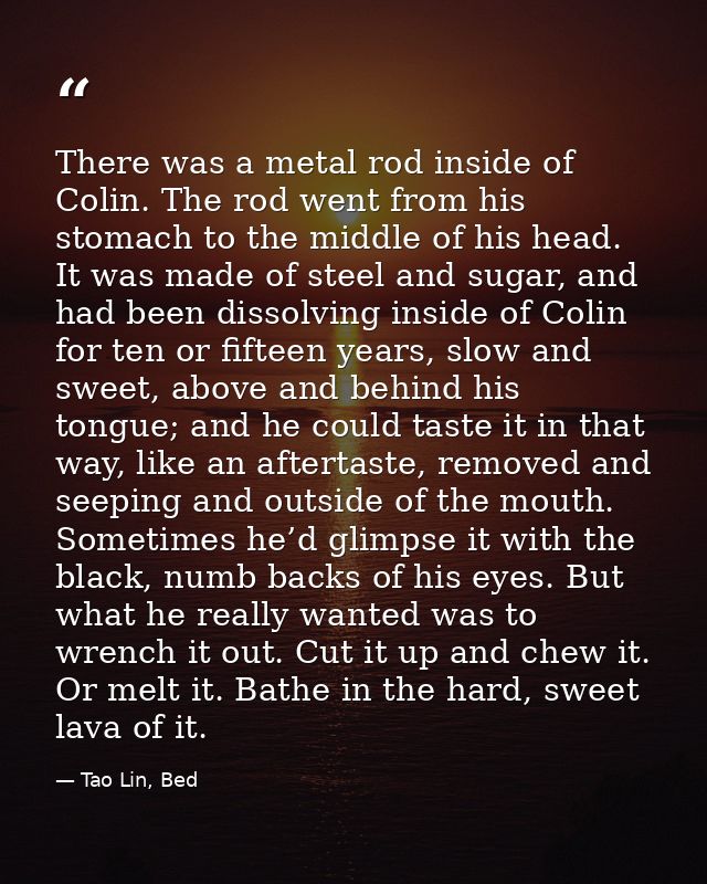 There was a metal rod inside of Colin. The rod went from his stomach to the middle of his head. It was made of steel and — Tao Lin, Bed