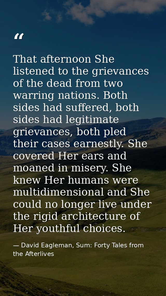 That afternoon She listened to the grievances of the dead from two warring nations. Both sides had suffered, both sides  — David Eagleman, Sum: Forty Tales from the Afterlives