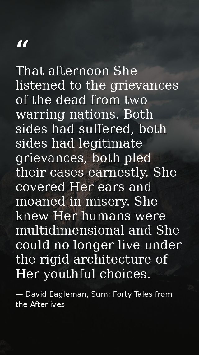 That afternoon She listened to the grievances of the dead from two warring nations. Both sides had suffered, both sides  — David Eagleman, Sum: Forty Tales from the Afterlives