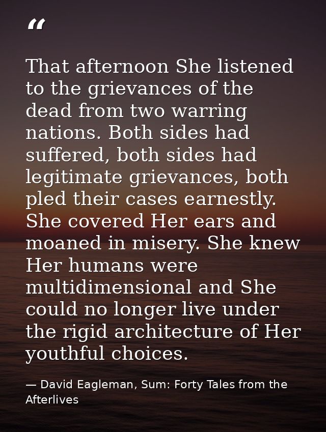 That afternoon She listened to the grievances of the dead from two warring nations. Both sides had suffered, both sides  — David Eagleman, Sum: Forty Tales from the Afterlives