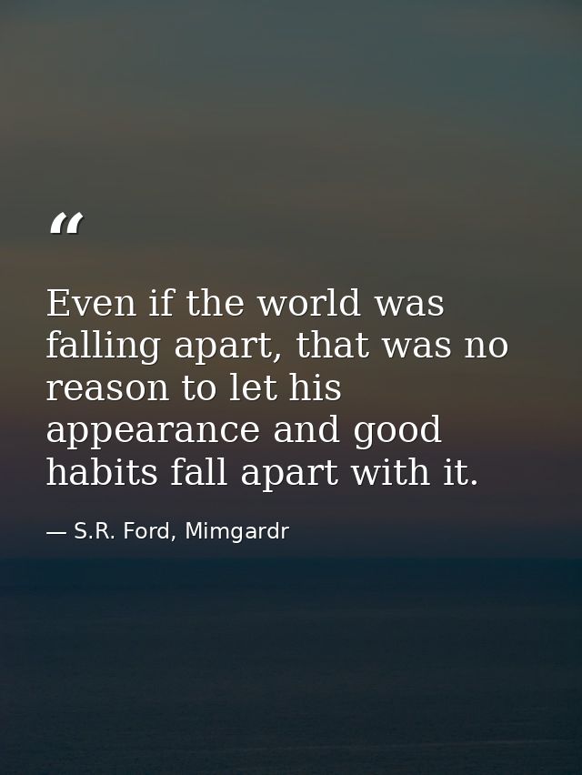 Even if the world was falling apart, that was no reason to let his appearance and good habits fall apart with it. — S.R. Ford, Mimgardr