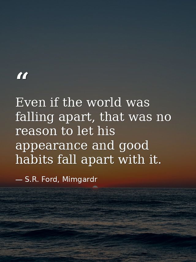 Even if the world was falling apart, that was no reason to let his appearance and good habits fall apart with it. — S.R. Ford, Mimgardr
