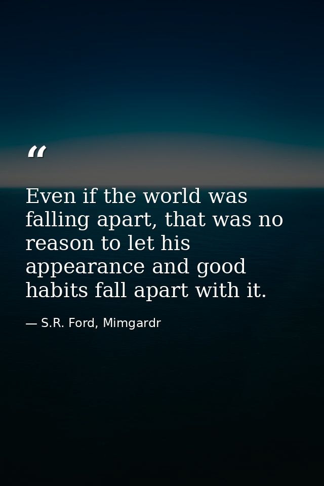 Even if the world was falling apart, that was no reason to let his appearance and good habits fall apart with it. — S.R. Ford, Mimgardr