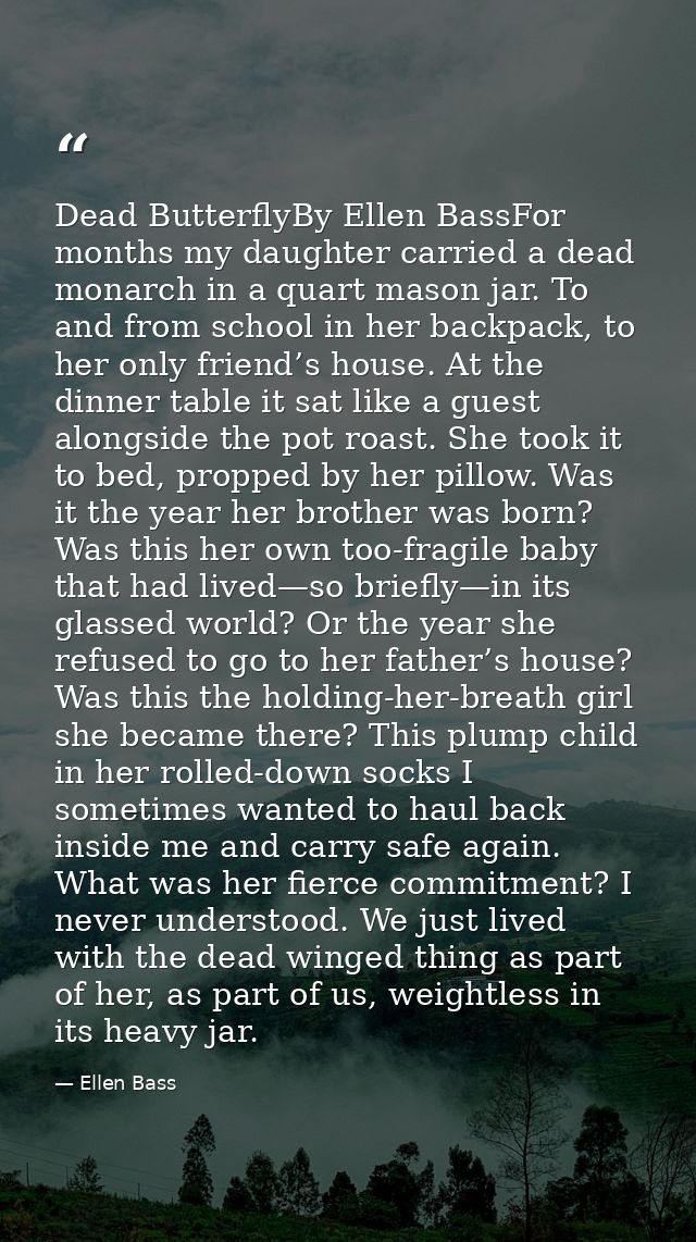 Dead ButterflyBy Ellen BassFor months my daughter carried a dead monarch in a quart mason jar. To and from school in her — Ellen Bass