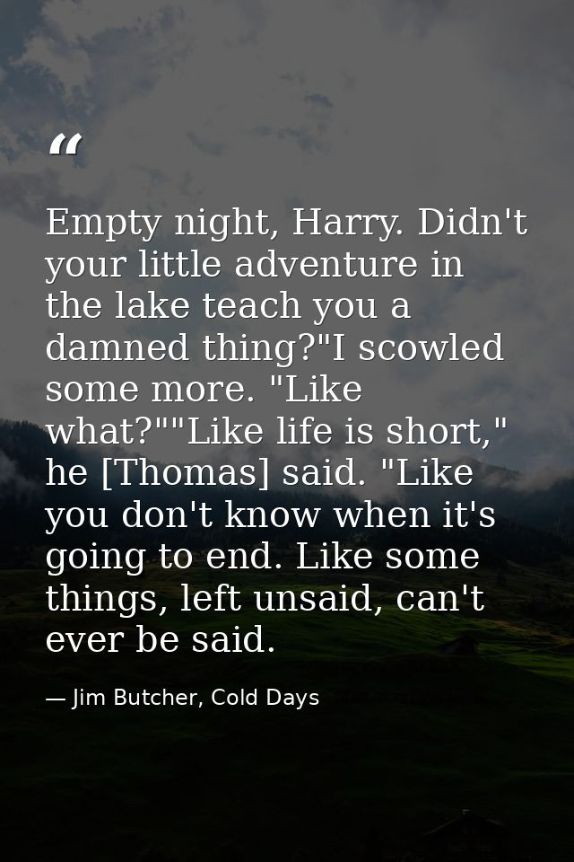 Empty night, Harry. Didn't your little adventure in the lake teach you a damned thing?"I scowled some more. "Like what?" — Jim Butcher, Cold Days