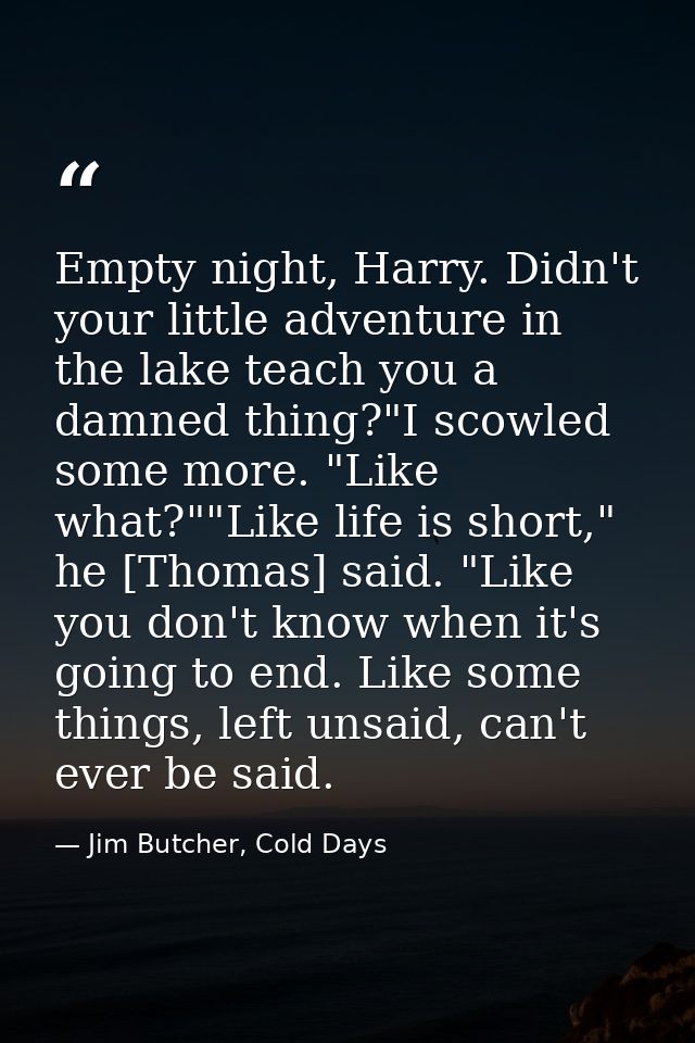 Empty night, Harry. Didn't your little adventure in the lake teach you a damned thing?"I scowled some more. "Like what?" — Jim Butcher, Cold Days