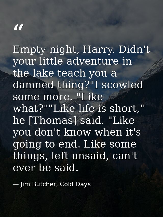 Empty night, Harry. Didn't your little adventure in the lake teach you a damned thing?"I scowled some more. "Like what?" — Jim Butcher, Cold Days
