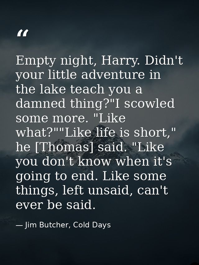 Empty night, Harry. Didn't your little adventure in the lake teach you a damned thing?"I scowled some more. "Like what?" — Jim Butcher, Cold Days