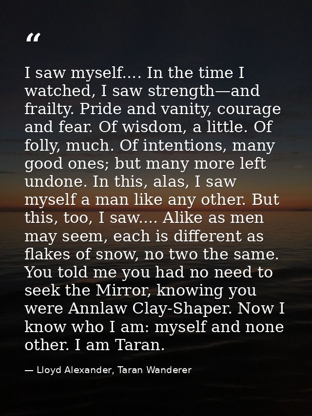 I saw myself.... In the time I watched, I saw strength—and frailty. Pride and vanity, courage and fear. Of wisdom, a lit — Lloyd Alexander, Taran Wanderer