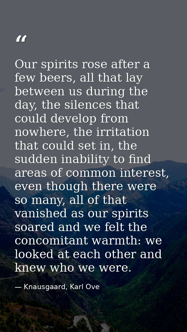 Our spirits rose after a few beers, all that lay between us during the day, the silences that could develop from nowhere — Knausgaard, Karl Ove