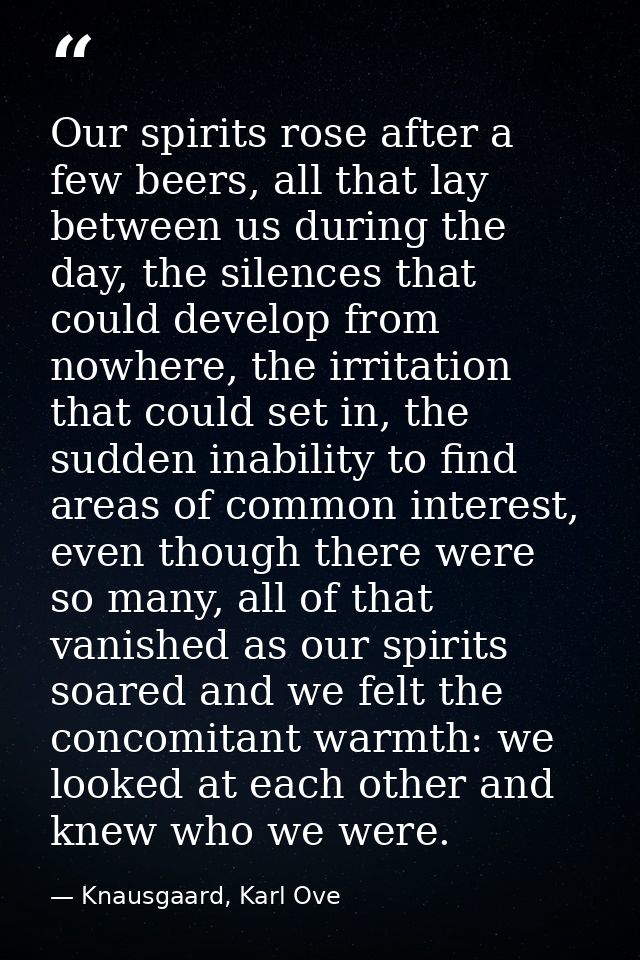 Our spirits rose after a few beers, all that lay between us during the day, the silences that could develop from nowhere — Knausgaard, Karl Ove