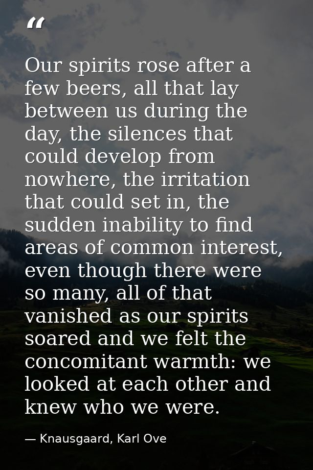 Our spirits rose after a few beers, all that lay between us during the day, the silences that could develop from nowhere — Knausgaard, Karl Ove