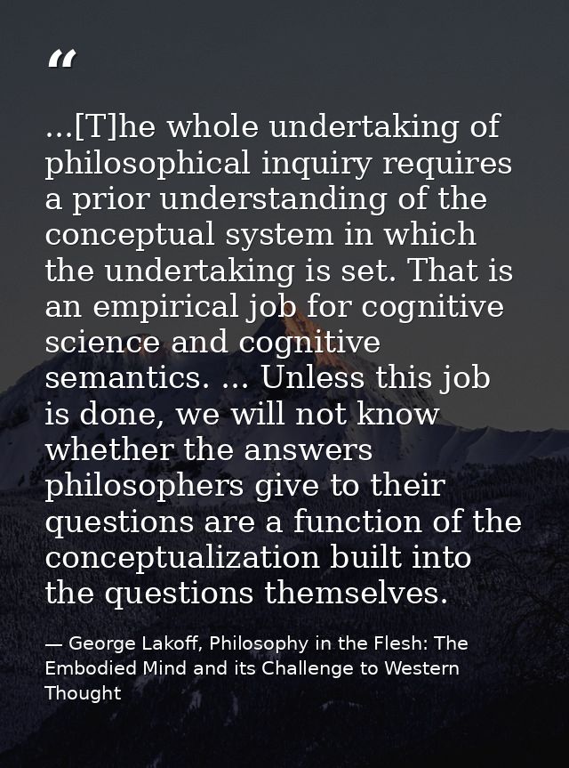 ...[T]he whole undertaking of philosophical inquiry requires a prior understanding of the conceptual system in which the — George Lakoff, Philosophy in the Flesh: The Embodied Mind and its Challenge to Western Thought