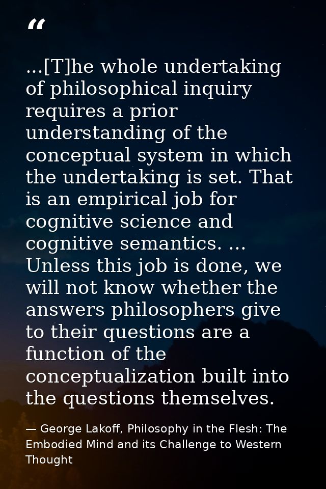 ...[T]he whole undertaking of philosophical inquiry requires a prior understanding of the conceptual system in which the — George Lakoff, Philosophy in the Flesh: The Embodied Mind and its Challenge to Western Thought