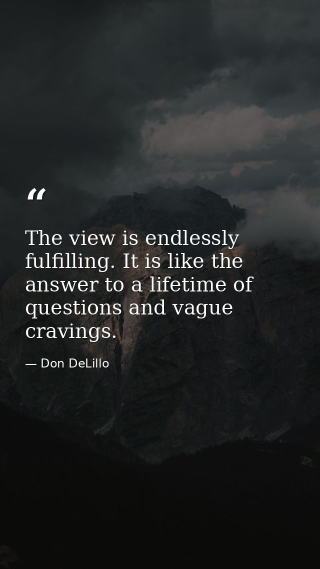 The view is endlessly fulfilling. It is like the answer to a lifetime of questions and vague cravings. — Don DeLillo