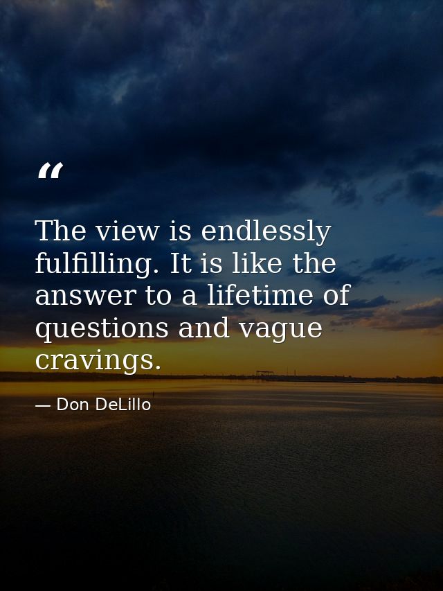 The view is endlessly fulfilling. It is like the answer to a lifetime of questions and vague cravings. — Don DeLillo