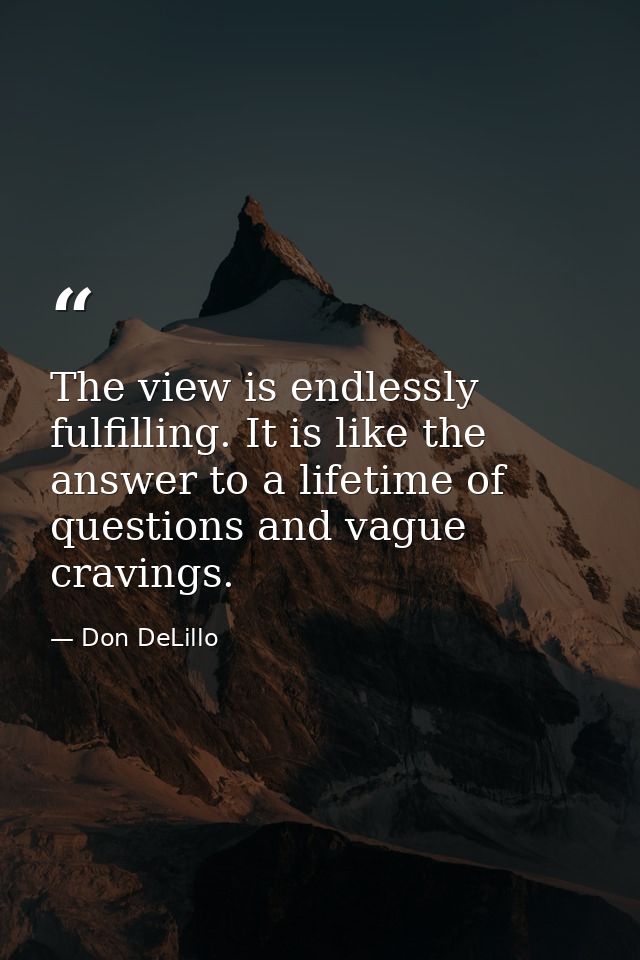 The view is endlessly fulfilling. It is like the answer to a lifetime of questions and vague cravings. — Don DeLillo