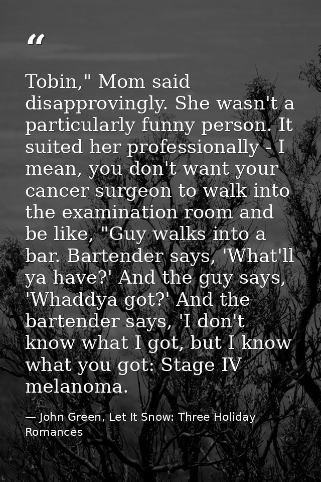 Tobin," Mom said disapprovingly. She wasn't a particularly funny person. It suited her professionally - I mean, you don' — John Green, Let It Snow: Three Holiday Romances